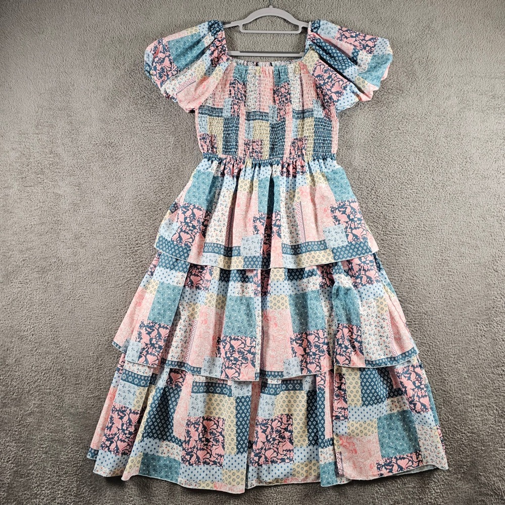 Simply Southern Patchwork Tiered Smocked Midi Dress Puff Sleeve Paisley Pastel M